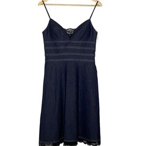 OLEG CASSINI Dark Denim Black Lace Inset A-Line Fit-N-Flare Dress 4 $109 NWT